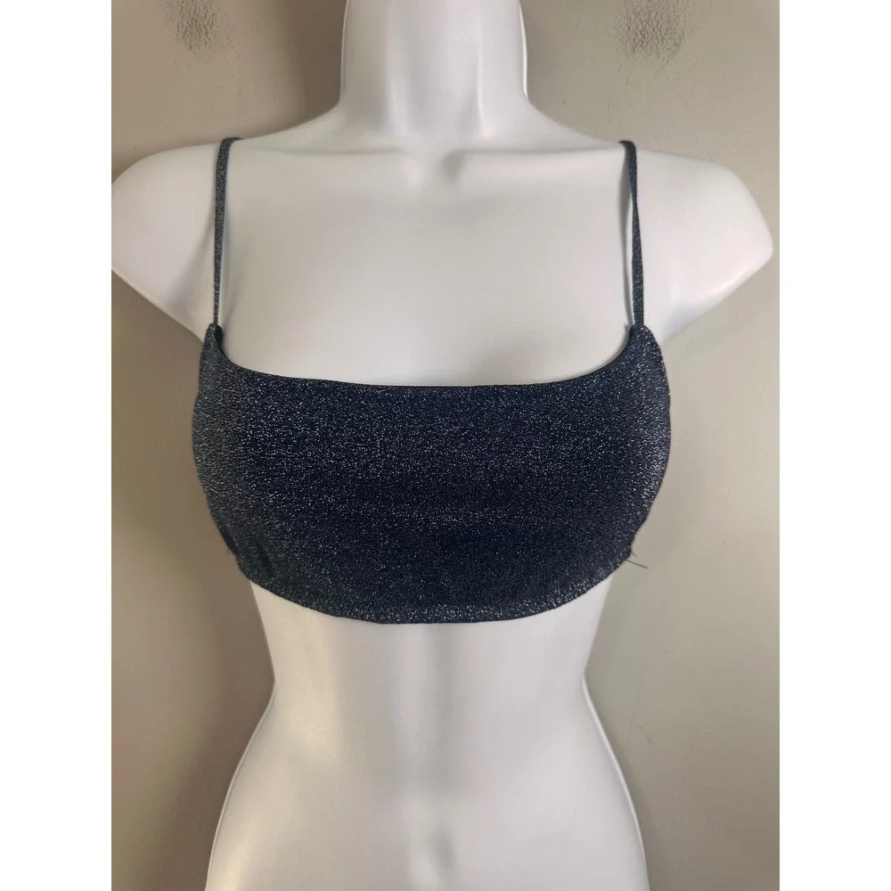 Triangl‎ Midnight Blue Silver Sparkle Lurex Bikini Top Small+ Square Neck Clasp